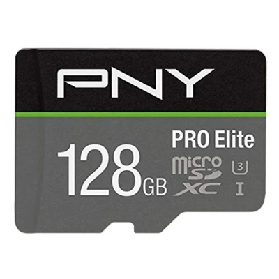 Abbildung von PNY PRO Elite 128GB microSDXC Speicherkarte + SD Adapter, 100MB/s Lesegeschwindigkeit, 90MB/s Schreibgeschwindigkeit, Klasse 10 UHS I, U3, A1 App Performance, V30 für 4K Video