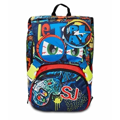Abbildung von SJ Gang Zaino Scuola Estensibile FACCE DA, Nero Blu Doppio Scomparto Maxi Capienza mit Flip System Bambino Elementare Dinosaurier, Squalo, Fantasia Animali