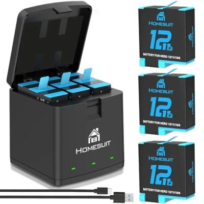 Abbildung von Homesuit Hero 12/11/10/9 Akku (3x1800mAh) und 3 Kanal LED USB ladegerät für 12 Black, 11 Black,Hero 10 9 Black (voll kompatibel mit Original)
