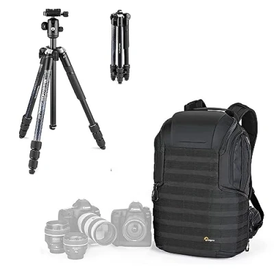 Abbildung von Manfrotto Element MII Kamera Reisestativ aus Aluminium mit Kugelkopf für Kompaktkameras, CSC, DSLR, und Lowerpro ProTactic 450AW II professionelle Kameras, Drohnen, Content Erstellung,Vlogging