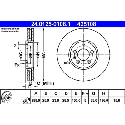 Abbildung von ATE 24.0125 0108.1 Bremsscheibe 288,0 25,0 5 100,0 Belüftet beschichtet hochgekohlt VOLKSWAGEN: Passat B3/B4 Variant, GOLF 3, 3 Variant