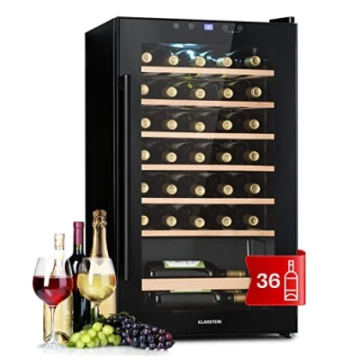 Abbildung von Klarstein Weinkühlschrank, Getränkekühlschrank Schmal, 1 Zone Kühlschrank mit Glastür, Getränkekühlschränke Freistehend, Weinkühlschrank Klein, Weinkühlschränke UV Schutz, 4 18C, 36 Flaschen