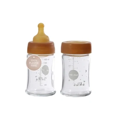 Abbildung von HEVEA Weithals Baby Flaschen Glas Langsame Strömung Anti Colic Babyflaschen Neugeborene 0+ Monate BPA Frei, Zweierpack (150 ML)