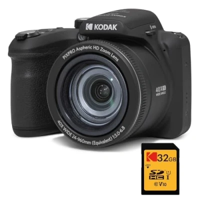Abbildung von KODAK Pixpro Astro Zoom AZ405 Digital Bridge + SDHC Karte Ultra High Speed U1 32 GB Kamera 20 Megapixel, X40 Zoom, Weitwinkel, LCD, Full HD Video 1080p, OIS, AA Batterie Schwarz