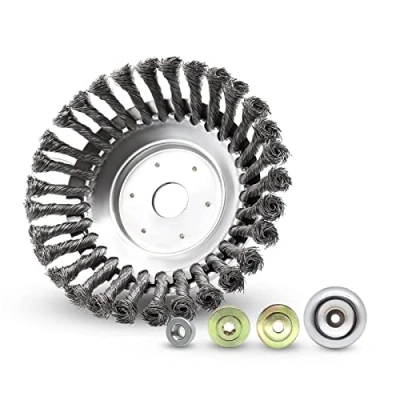 Abbildung von Viilich Unkrautbürste Wildkrautbürste 200 x 25,4 MM Kegel Unkrautbuerste Profi Wildkraut Fugenbürste Motorsense Drahtbürste Stahl Rundbürste,mit 4 Stück Adaptern,für Unkrauttrimmer Garten (8 Zoll)