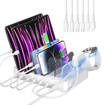 Abbildung von SooPii USB Ladestation Organizer für mehrere Geräte, 6 Ports 50W mit Kabeln und aktualisierte i Watch Ladegerät Halterung enthalten, Telefone, Tablets andere Elektronik, weiß