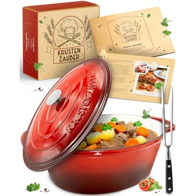Abbildung von Krustenzauber Bräter Gusseisen mit Deckel backofengeeignet inkl. Fleischgabel, (Emaille Topf XL Idealer Schmortopf Kazan), Induktion Oval, Geschenk Weihnachten