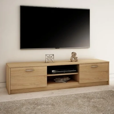 Abbildung von Home Collective TV Schrank 160cm breit Lowboard mit Matter Oberfläche Fernsehtisch 2 Türen und Regalen, aus laminiertem Board, abgerundete Kante Metall Rollschienen Fernsehkommode Sonoma