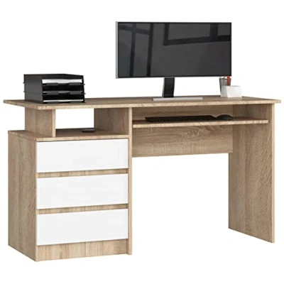 Abbildung von AKORD PC Schreibtisch CLP 135 mit Tastaturablage Office Desk Computertisch Bürotisch 3 Schubladen, 1 Ablagefach, B135 x H77 T60 cm, 45 kg Sonoma Eiche &amp; Weiß Front