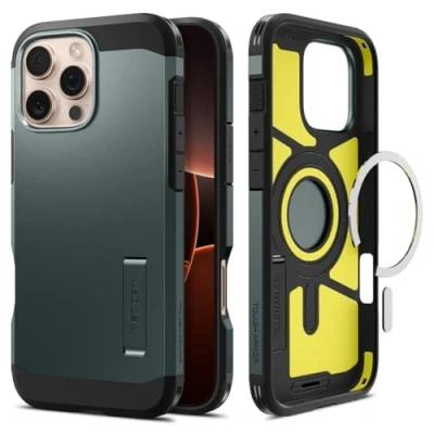Abbildung von Spigen Tough Armor (AI) MagFit Hülle für iPhone 16 Pro, Kompatibel mit MagSafe Zubehör Abyss Green