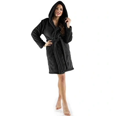 Abbildung von CelinaTex Bademantel Morgenmantel Damen kurz Fleece Kapuze flauschig Korfu S schwarz, Polyester