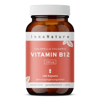 Abbildung von InnoNature Vitamin B12 Kapseln 250 µg natürlich aus der Chlorella Vulgaris Alge 90 Kapseln, Methylcobalamin pro Kapsel glutenfrei, vegan, pflanzlich