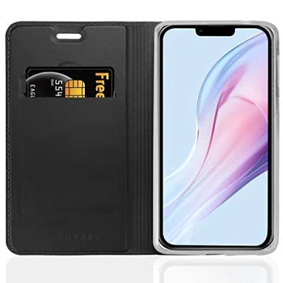 Abbildung von Cadorabo Hülle kompatibel mit Apple iPhone 13 Mini aus Premium Kunst Leder Flip Klappbare Stoßfeste Magnetische [Standfunktion] [Kartenfächern] Cover für Tasche in Schwarz
