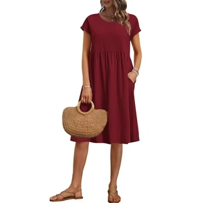 Abbildung von AUSELILY Damen Kurzarm Knielange Sommerkleider Sommer Lockeres Freizeitkleider Empire Kleider mit Taschen Weinrot M