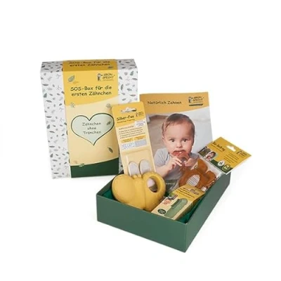 Abbildung von GRÜNSPECHT SOS Box für die ersten Zähnchen mit Beißring, Fingerzahnbürste, Zahnpflege Baby, Zahnungshilfen, Geschenk Baby Geburt (GB 008)