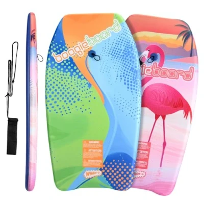 Abbildung von Wham O 2er Pack 83.8cm Boogie Board, leichtes Bodyboard mit Handgelenkleine, Fiberclad Beschichtung Phuzion Kern für Ozean und Pool, Kinder 8+ Jugendliche Anfänger Erwachsene Flamingo/Curve