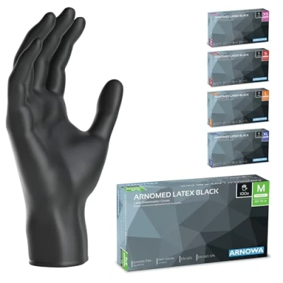 Abbildung von ARNOMED 100x Einweghandschuhe M, Latexhandschuhe Schwarz (1x100 Stk) puderfrei, Handschuhe Latex Einweg, Putzhandschuhe, Handschuhe, Einmal /Einweg XS, S, L &amp; XL