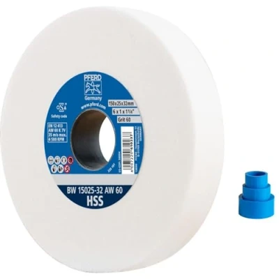 Abbildung von PFERD Schleifbockscheibe HSS, 150x25x32mm, A60, 39008428 Mittelharte Schleifscheibe zum Schärfen von HSS Bohrern, mit Reduzierhülsen (25/20/16mm)