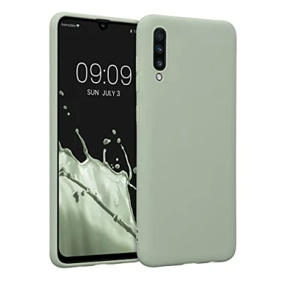 Abbildung von kwmobile Hülle kompatibel mit Samsung Galaxy A70 weiches TPU Silikon Case Cover geeignet für kabelloses Laden Graugrün