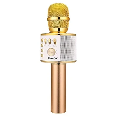 Abbildung von BONAOK Drahtloses Bluetooth Karaoke Mikrofon, Tragbares 3 in 1 Handmikrofon Geburtstagsgeschenk Home Party Auto Mikrophon für iPhone/Android/iPad/PC/Smartphone (Hellgold)