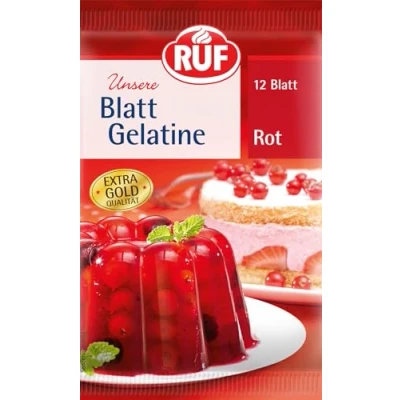 Abbildung von RUF Blatt Gelatine rot, Speisegelatine zum Gelieren, Verdicken, Stabilisieren, Emulgieren, glutenfrei, 1x12