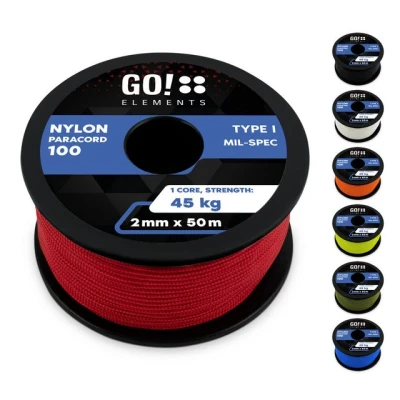 Abbildung von GO!elements 50m Paracord 2mm Seil aus reißfester Nylonschnur 100 Typ I Survival Schnur Reißfest bis 45kg geeignet als Allzweckseil, Reepschnur, Kordel, Maurerschnur, Farbe: Rot