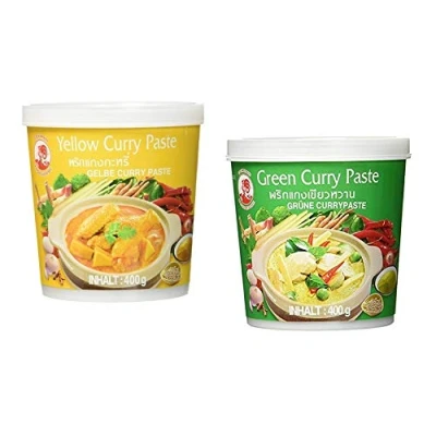 Abbildung von Cock Brand Probierset Currypasten 2er Pack (2 x 400g) 2 Sorten, je 1 Dose Gelb, Grün Currypaste