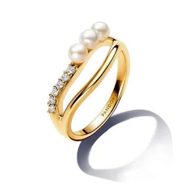 Abbildung von PANDORA Essence Behandelte Süßwasserzuchtperle &amp; Organisch geformter Doppelband Ring aus Sterling Silber mit vergoldeter Metalllegierung und Zirkonia, Größe: 58, 163258C01 58