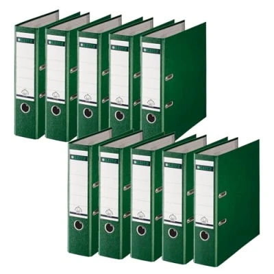 Abbildung von Leitz Qualitäts Ordner 180 Plastik, 10er Pack, das Original, DIN A4 Aktenordner 8 cm breit, 90% Recycling Karton, 30% Pre Consumer Kunststoff, Mit Mechanik, 600 Blatt, Grün, 10101055
