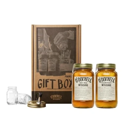 Abbildung von 2er Likör Geschenkbox O&#039;Donnell Moonshine Premium Schnaps nach amerikanischer Tradition vegan Geschenkset natürliche Zutaten Geschenkidee (Harte Nuss/Passionsfrucht)