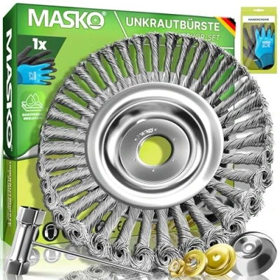 Abbildung von MASKO® Unkrautbürste für Freischneider &amp; Motorsense Wildkrautbürste 25,4 20mm Bohrung Drahtbürste zur effektiven Unkrautentfernung kompatibel mit Stihl Edelstahl Bürste inkl Montagezubehör Set