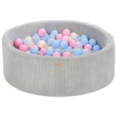 Abbildung von Bällebad Bällepool Bällebecken Spielbecken Kordsamt Bezug 300 Bälle rund ⌀90 cm (Farbe des Pools/der Bälle: grau/weiß, hellblau, rosa, cappuccinofarben)