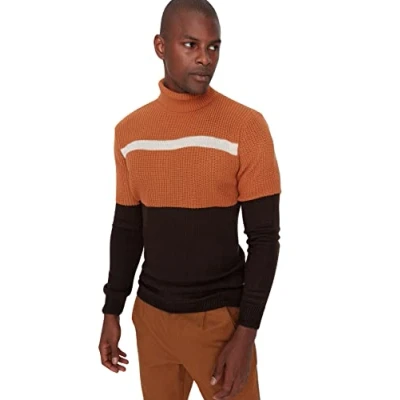 Abbildung von TRENDYOL Herren Gestreifter Schmaler Pullover mit Rundhalsausschnitt Sweatshirt Casual, Camel, S