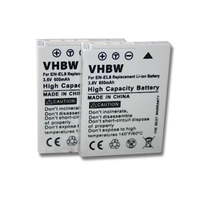 Abbildung von vhbw 2X Akku Ersatz für Nikon EN EL8 Kamera (600mAh, 3,6V, Li Ion)