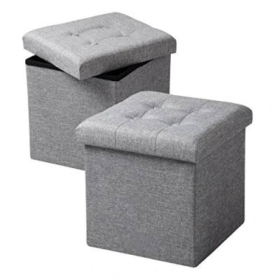 Abbildung von WOLTU SH06hgr 2 2er Set Sitzhocker mit Stauraum Sitzwürfel Sitzbank Faltbar Truhen Aufbewahrungsbox, Deckel Abnehmbar, Gepolsterte Sitzfläche aus Leinen, 37,5x37,5x38CM(LxBxH), Hellgrau