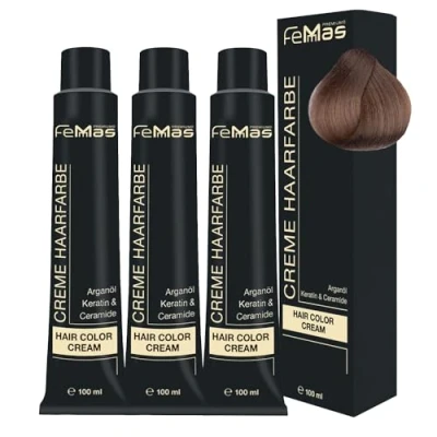 Abbildung von FemMas Haarfarbe 3x Mittelblond 7 I Professionelle Creme mit Arganöl, Keratin &amp; Ceramiden Als dauerhafte Haarfärbung oder Tönung für strahlende, haltbare Farbergebnisse 100 ml