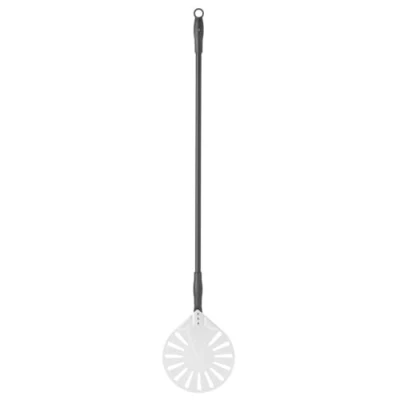 Abbildung von HENDI Pizzaschaufel, rund, perforiert, mit Schiebegriff, Pizzaschieber, Brotschieber, 1200x230mm, Aluminium