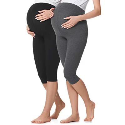 Abbildung von Be Mammy 3/4 Umstandsleggings Kurz aus Baumwolle bequeme und blickdichte Schwangerschaftsleggings 2Pack Umstandsmode BE20 229 (2Pack Schwarz/Dunkelmelange, XL)