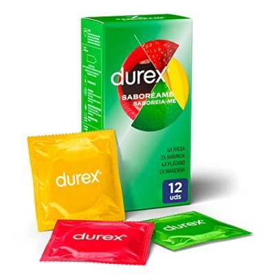 Abbildung von Durex „Saboreame“ Kondome mit fruchtigen Geschmacksrichtungen Erdbeere, Banane, Orange und Apfel 12