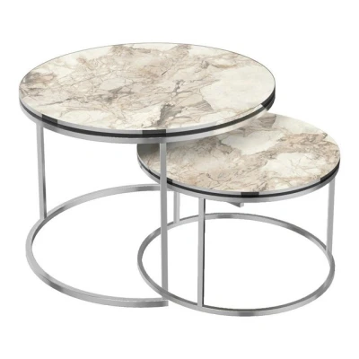 Abbildung von en.casa Couchtisch, »Skagen« Beistelltisch im 2er Set rund Marmor, weiß / Silber