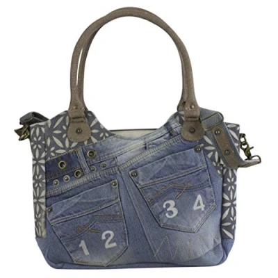 Abbildung von Sunsa Handtasche Schultertasche aus recycelter Jeans Shopper Umhängetasche, echt Leder, Upcycling Jeans, abnehmbare Henkel
