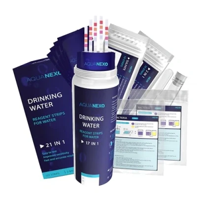 Abbildung von AQUANEXO 21 Parameter, 125 + 20 Trinkwasser Teststreifen 2x Coliforme Bakterien Test, pH Teststreifen, Wassertester Trinkwasser, Wasserhärte messen, Trinkwassertest,