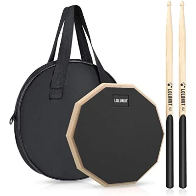 Abbildung von LOLUNUT Dumb Drum Übungspad, 2 seitig, lautloses Übungs Pad, weicher Gummi Holzsockel, Ständer mit Massivholz Trommelstöcken, 20,3 cm, Schwarz