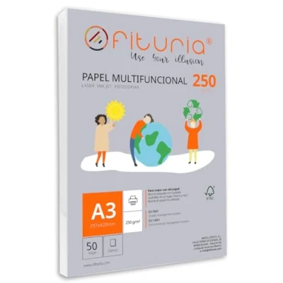 Abbildung von Packung mit 50 weißen DIN A3 Blättern, 250g Druckerpapier. Multifunktionales Kopierpapier für Schule und Büro. Ideal Laserdrucker, Tintenstrahldrucker oder Kopierer Ofituria