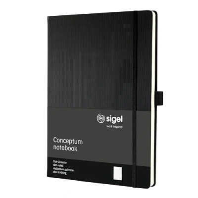 Abbildung von SIGEL CO108 Premium Notizbuch dotted, A4, Hardcover, 194 nummerierte Seiten, schwarz, nachhaltiges Papier, mit Inhaltsverzeichnis, Stiftschlaufe, Falttasche, Gummibandverschluss, Conceptum