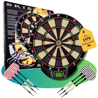 Abbildung von Best Sporting Elektronische Dartscheibe Bristol Evolution I LCD Dartboard mit 21 Spielen 65 Varianten Dartautomat Soundeffekten kabellos nutzbar 6 Dartpfeilen und Ersatzpitzen