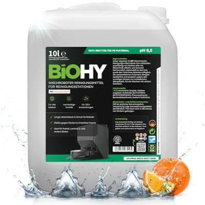 Abbildung von BiOHY Wischroboter Reinigungsmittel für Reinigungsstationen mit Orangenduft (10 Liter Kanister) Verlängert die Lebensdauer der Absaugstation Schaumarmes Bodenreiniger Konzentrat