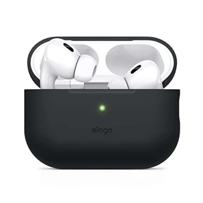 Abbildung von elago Silikonhülle, kompatibel mit Apple AirPods Pro 2nd Generation, LED vorne sichtbar, unterstützt kabelloses Laden (Schwarz)