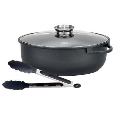 Abbildung von Elo Bräter Alucast Alugussbräter oval 38 cm inkl. Servierzange, Aluminiumguss (1 tlg., 1 mit Glasdeckel, Servierzange), Induktion, Aromaknopf, Kochzange