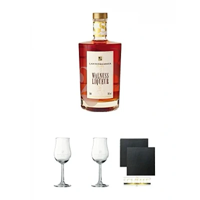 Abbildung von Lantenhammer Walnusslikör 0,5 Liter + Bouquetglas geeicht 1 Stück Schiefer Glasuntersetzer eckig ca. 9,5 cm Ø 2